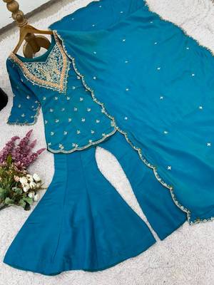Blue festive wear designer heavy simar silk embroidery work readymade suit 4