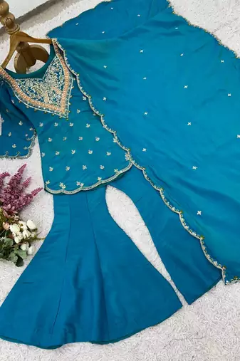 Blue festive wear designer heavy simar silk embroidery work readymade suit