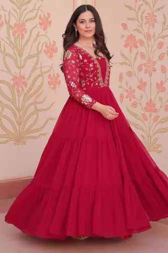 Pink festive wear designer faux blooming georgette sequins & zari embroidered work readymade suit