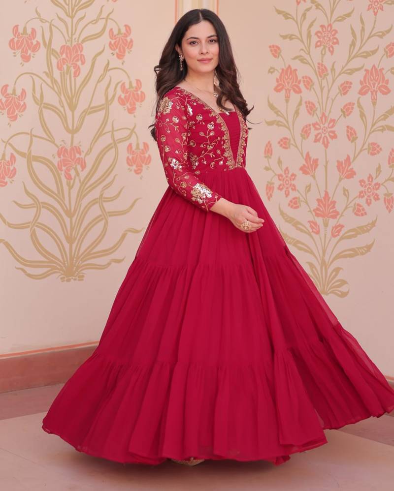 Pink festive wear designer faux blooming georgette sequins & zari embroidered work readymade suit