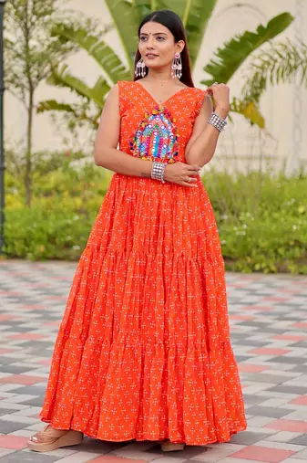 Orange festive wear designer faux georgette embroidery thread work with real mirror work readymade suit