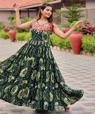 Green festive wear designer faux georgette gamathi work with real mirror with original codi lece readymade suit 1