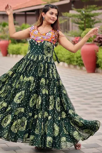 Green festive wear designer faux georgette gamathi work with real mirror with original codi lece readymade suit