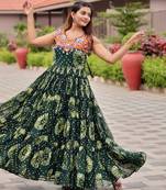 Green festive wear designer faux georgette gamathi work with real mirror with original codi lece readymade suit