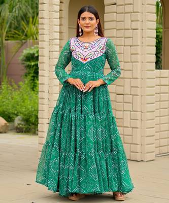 Green festive wear designer faux georgette embroidery thread work with real mirror work readymade suit 1
