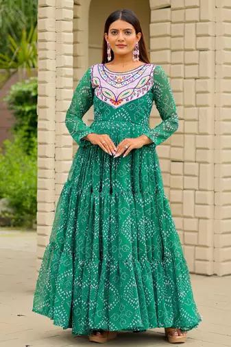 Green festive wear designer faux georgette embroidery thread work with real mirror work readymade suit
