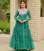 Green festive wear designer faux georgette embroidery thread work with real mirror work readymade suit