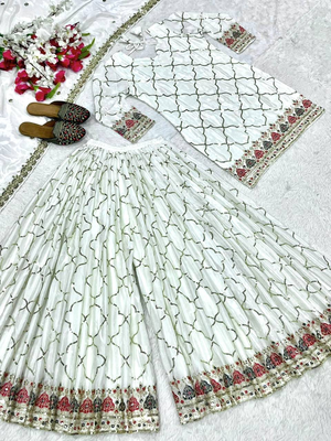 White festive wear designer heavy chinnon silk  readymade suit 4