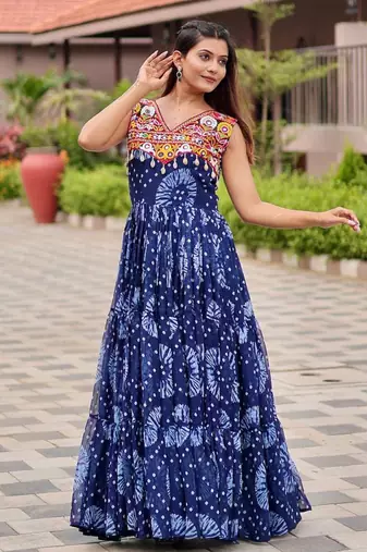 Blue festive wear designer faux georgette gamathi work with real mirror with original codi lece readymade suit