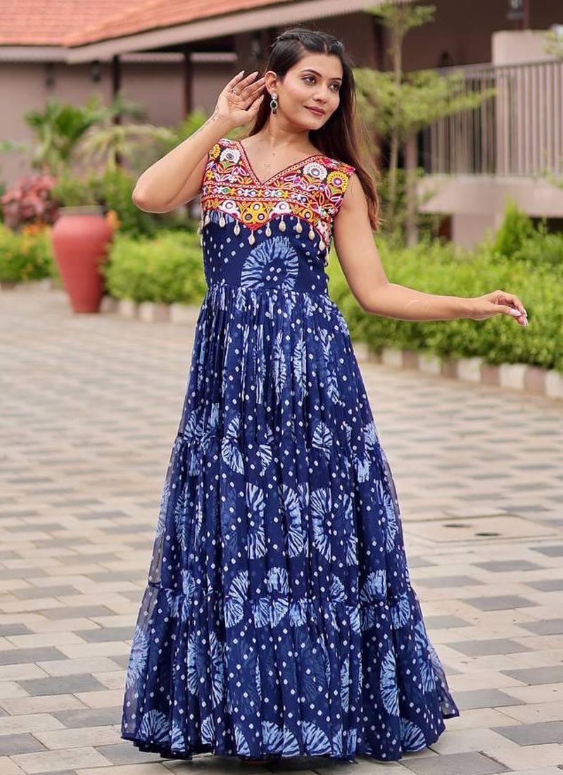 Blue festive wear designer faux georgette gamathi work with real mirror with original codi lece readymade suit