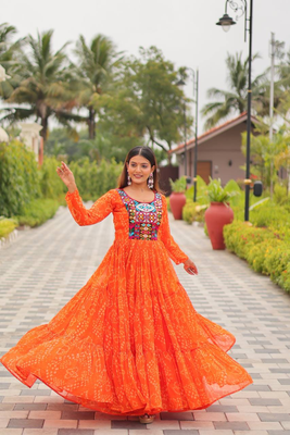 Orange festive wear designer faux georgette embroidery thread work with real mirror work readymade suit 1