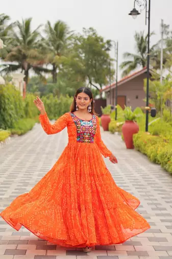 Orange festive wear designer faux georgette embroidery thread work with real mirror work readymade suit