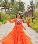 Orange festive wear designer faux georgette embroidery thread work with real mirror work readymade suit
