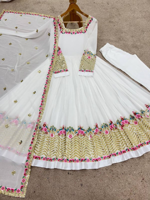 White festive wear designer heavy georgette heavy multi thread embroidery sequence work readymade suit 4