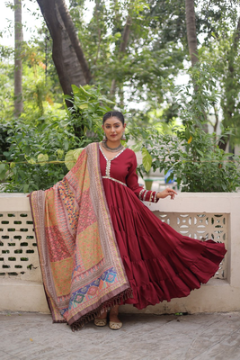 Maroon festive wear designer roman mirror lace & dori jal lace work readymade suit 1