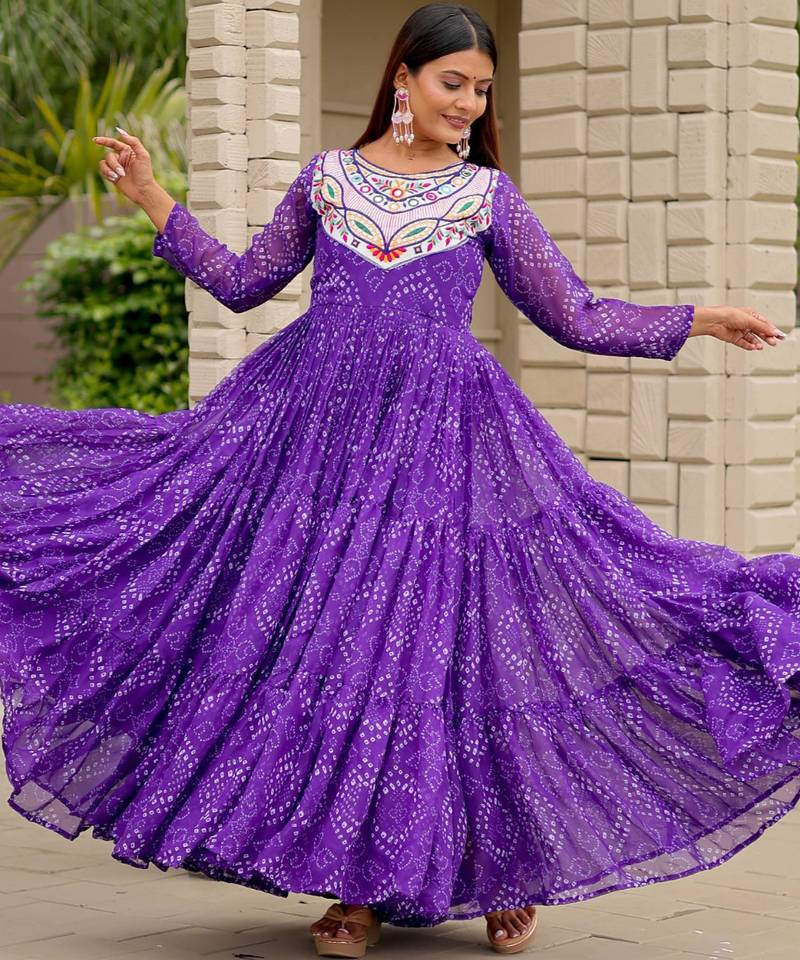 Purple festive wear designer faux georgette embroidery thread work with real mirror work readymade suit