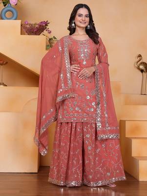 Peach festive wear designer fox georgette sequence embroidery work readymade suit 1