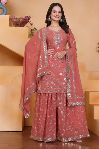 Peach festive wear designer fox georgette sequence embroidery work readymade suit