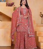 Peach festive wear designer fox georgette sequence embroidery work readymade suit