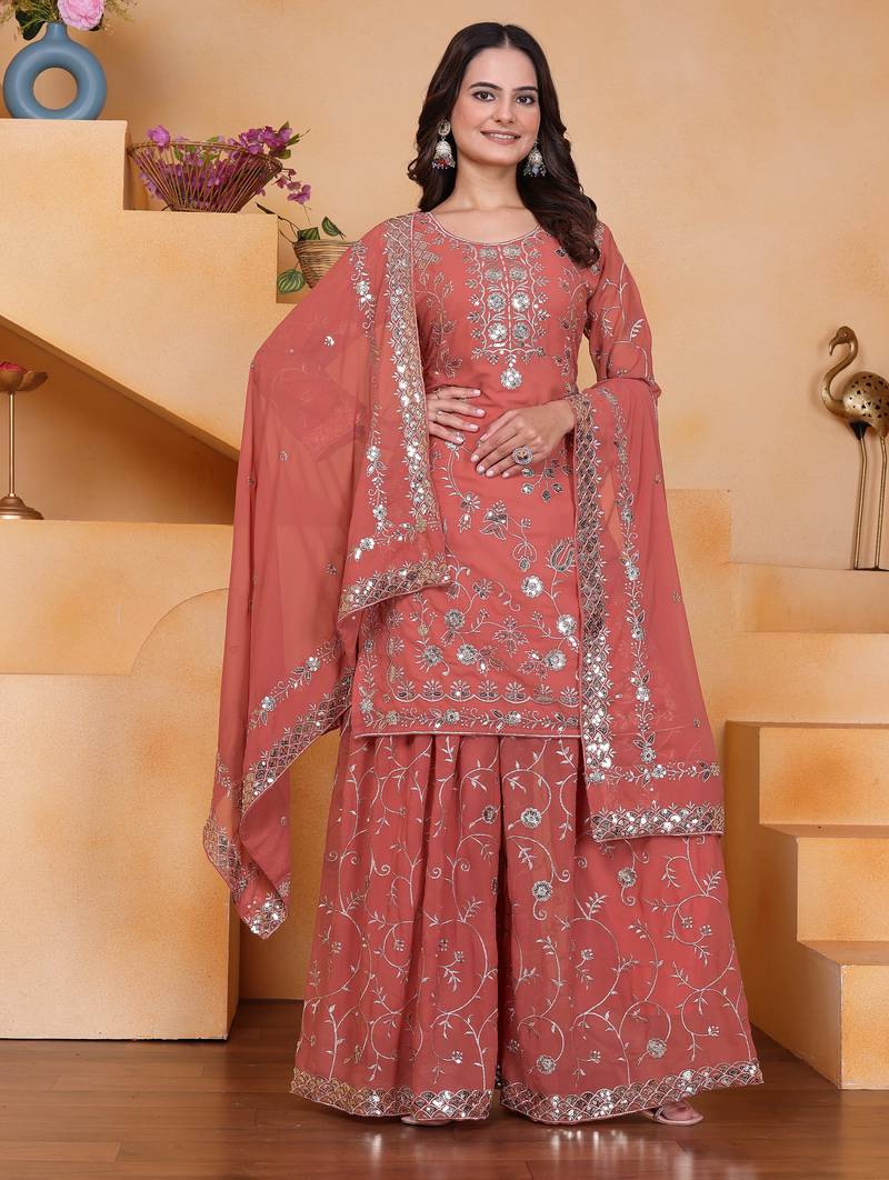 Peach festive wear designer fox georgette sequence embroidery work readymade suit