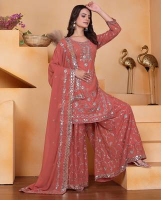 Peach festive wear designer fox georgette sequence embroidery work readymade suit 2
