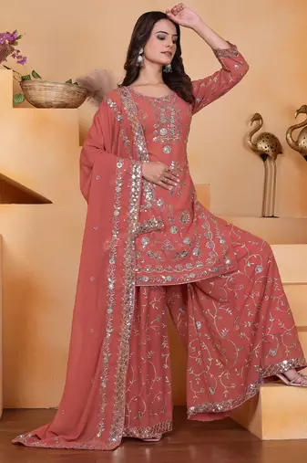 Peach festive wear designer fox georgette sequence embroidery work readymade suit