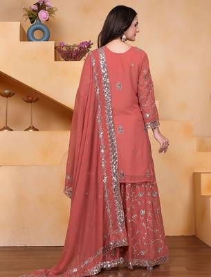 Peach festive wear designer fox georgette sequence embroidery work readymade suit 3