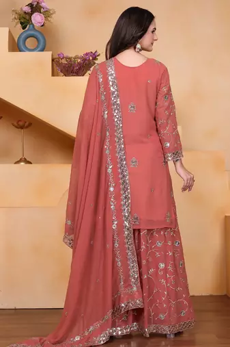 Peach festive wear designer fox georgette sequence embroidery work readymade suit