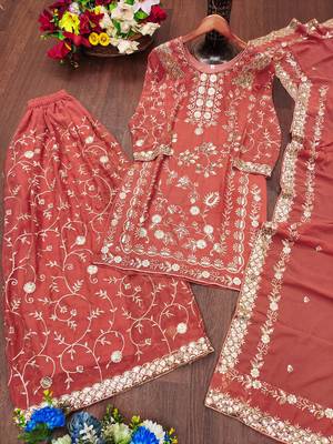 Peach festive wear designer fox georgette sequence embroidery work readymade suit 4