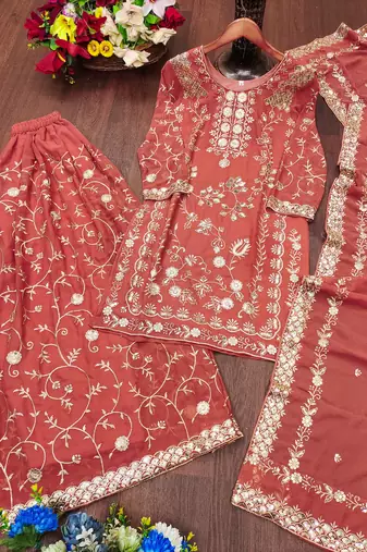 Peach festive wear designer fox georgette sequence embroidery work readymade suit