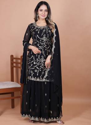 Black festive wear designer fox georgette sequence embroidery work readymade suit 1