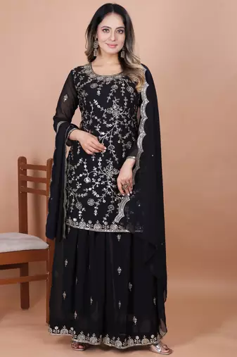 Black festive wear designer fox georgette sequence embroidery work readymade suit