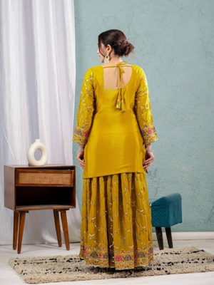 Yellow festive wear designer heavy chinnon silk  readymade suit 3