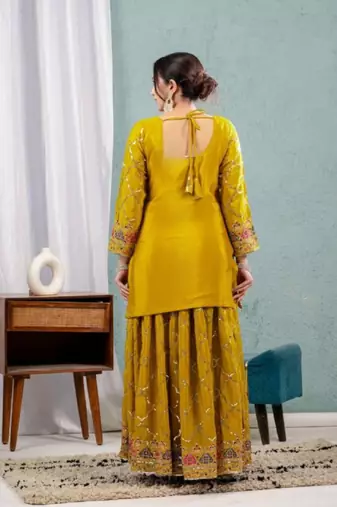 Yellow festive wear designer heavy chinnon silk  readymade suit