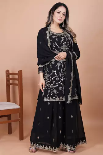 Black festive wear designer fox georgette sequence embroidery work readymade suit