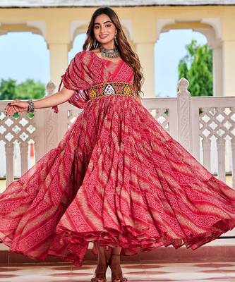 Pink festive wear designer bandhni print in faux georgette gamathi work with real mirror work readymade suit 1