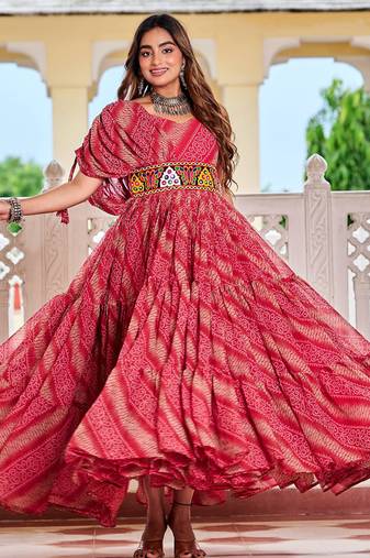 Pink festive wear designer bandhni print in faux georgette gamathi work with real mirror work readymade suit