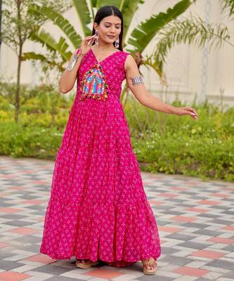 Pink festive wear designer faux georgette embroidery thread work with real mirror work readymade suit 3