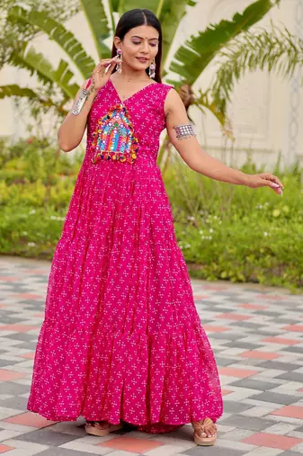 Pink festive wear designer faux georgette embroidery thread work with real mirror work readymade suit