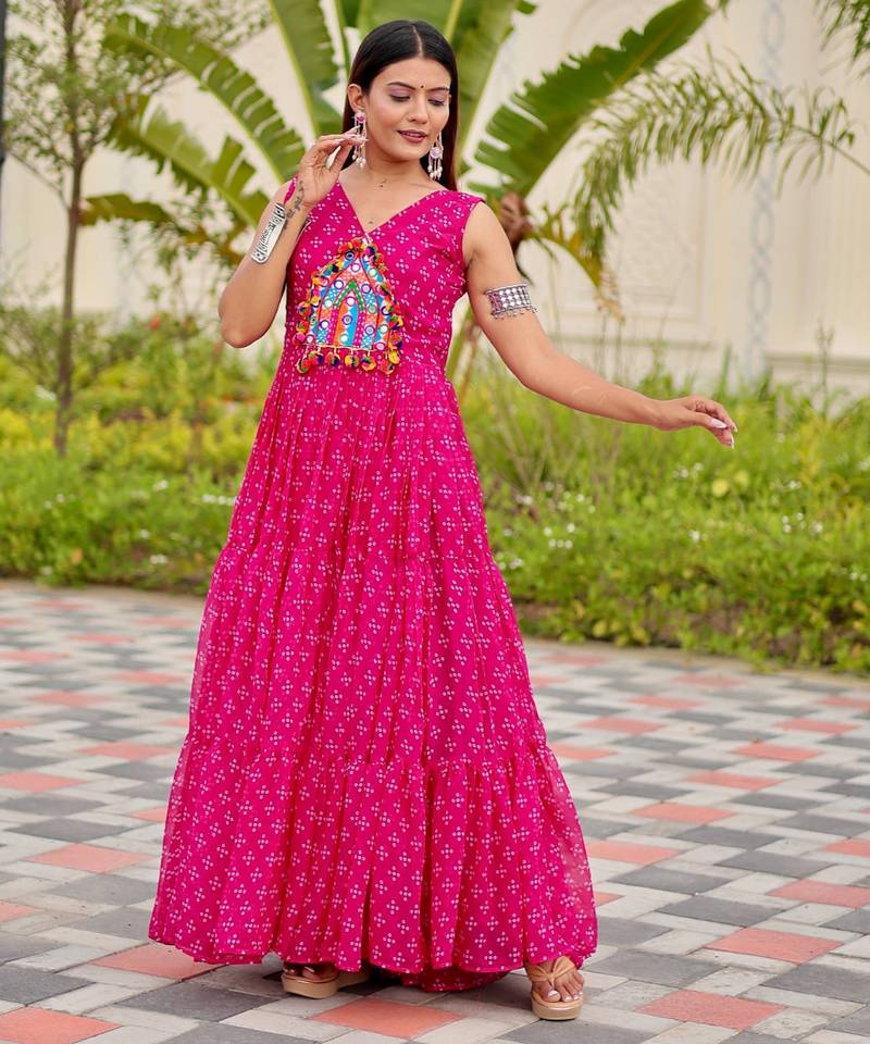 Pink festive wear designer faux georgette embroidery thread work with real mirror work readymade suit