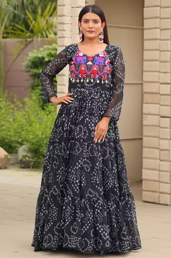 Black festive wear designer faux georgette embroidery thread work with real mirror & codi lace readymade suit