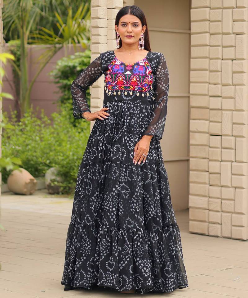 Black festive wear designer faux georgette embroidery thread work with real mirror & codi lace readymade suit
