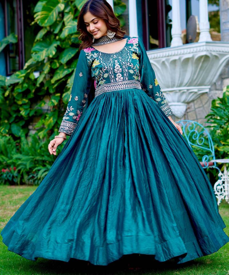 Maroon festive wear designer fendy silk heavy cording sequence & thread embroidery work readymade suit