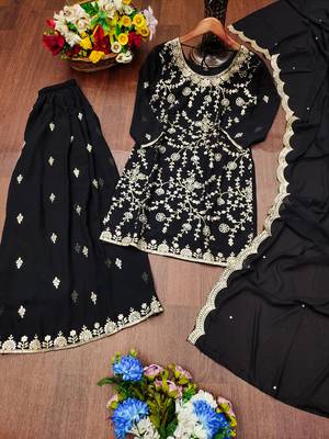 Black festive wear designer fox georgette sequence embroidery work readymade suit 4