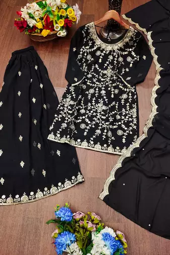 Black festive wear designer fox georgette sequence embroidery work readymade suit