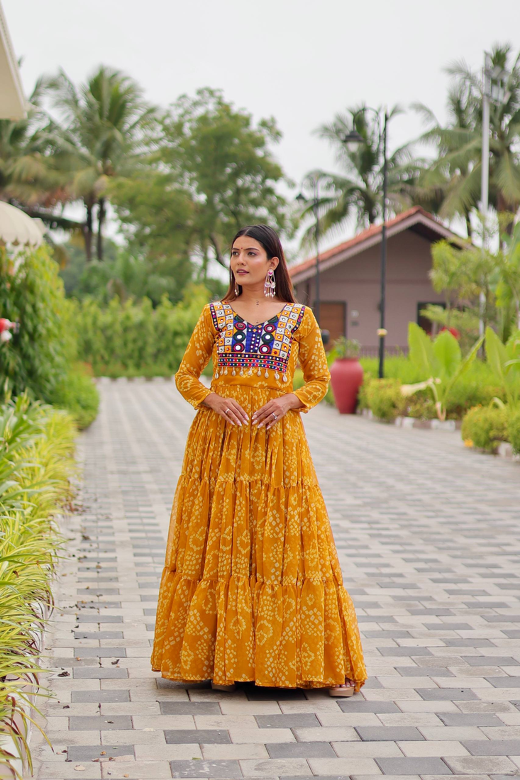 Yellow festive wear designer faux georgette embroidery thread work with real mirror & codi lace readymade suit
