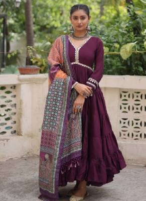 Wine festive wear designer roman mirror lace & dori jal lace work readymade suit 1