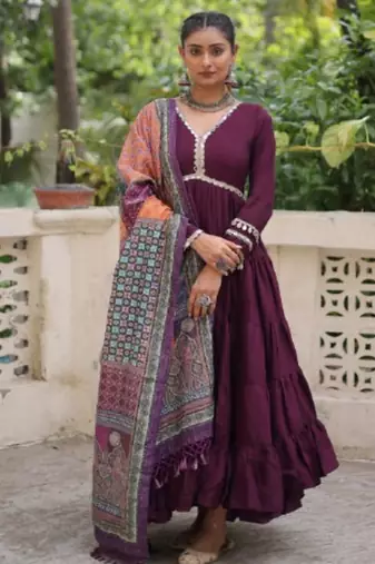 Wine festive wear designer roman mirror lace & dori jal lace work readymade suit