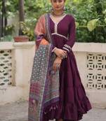 Wine festive wear designer roman mirror lace & dori jal lace work readymade suit
