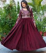 Teal festive wear designer fendy silk heavy cording sequence & thread embroidery work readymade suit